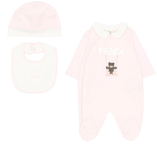 Fendi Tutina Rosa In Cotone Con Cappellino E Bavaglino BUQ167-ST8-F9C11 Per Neonata