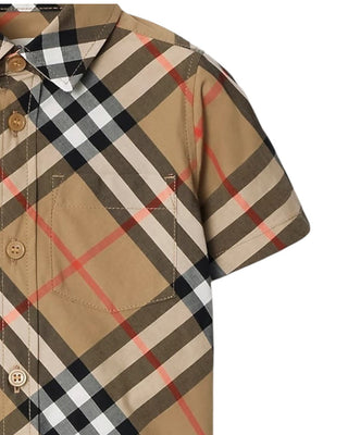 Burberry Camicia beige in popeline a maniche corte Check 8089807