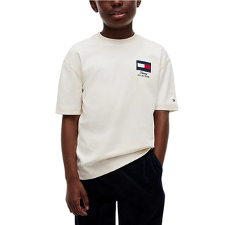 Tommy Hilfiger T-shirt Avorio Con Bandiera Ricamata KB0KB10652-Z00J Per Bambino