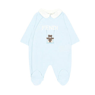 Fendi Tutina Azzurra In Cotone Con Cappellino E Bavaglino BUQ167-ST8-F19J4 Per Neonato