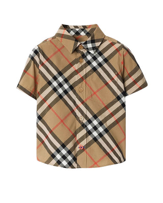 Burberry Camicia beige in popeline a maniche corte Check 8089807