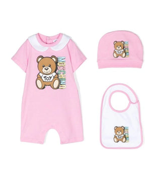 Moschino-Strampler mit Lätzchen und Mütze MUY04S mit Clips