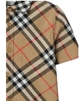 Burberry Camicia beige in popeline a maniche corte Check 8089029