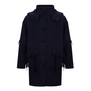 Ermanno Scervino Cappotto blu navy in misto lana con frange SFGB009 con zip