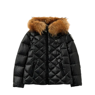 Blauer Giubbino trapuntato a rombi con cappuccio e pelliccia 25WBLGC03384