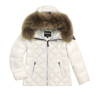 Blauer Giubbino trapuntato a rombi con cappuccio e pelliccia 25WBLGC03384