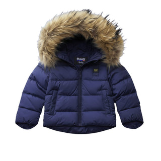 Blauer Giubbino trapuntato Amory con cappuccio e bordo in pelliccia 25WBBXC02450