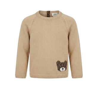 Fendi Maglia Beige In Cotone Con Orsetto Per Neonati BUG211-AVVZ