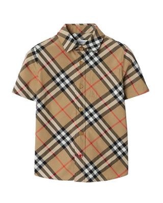 Burberry Camicia beige in popeline a maniche corte Check 8089029
